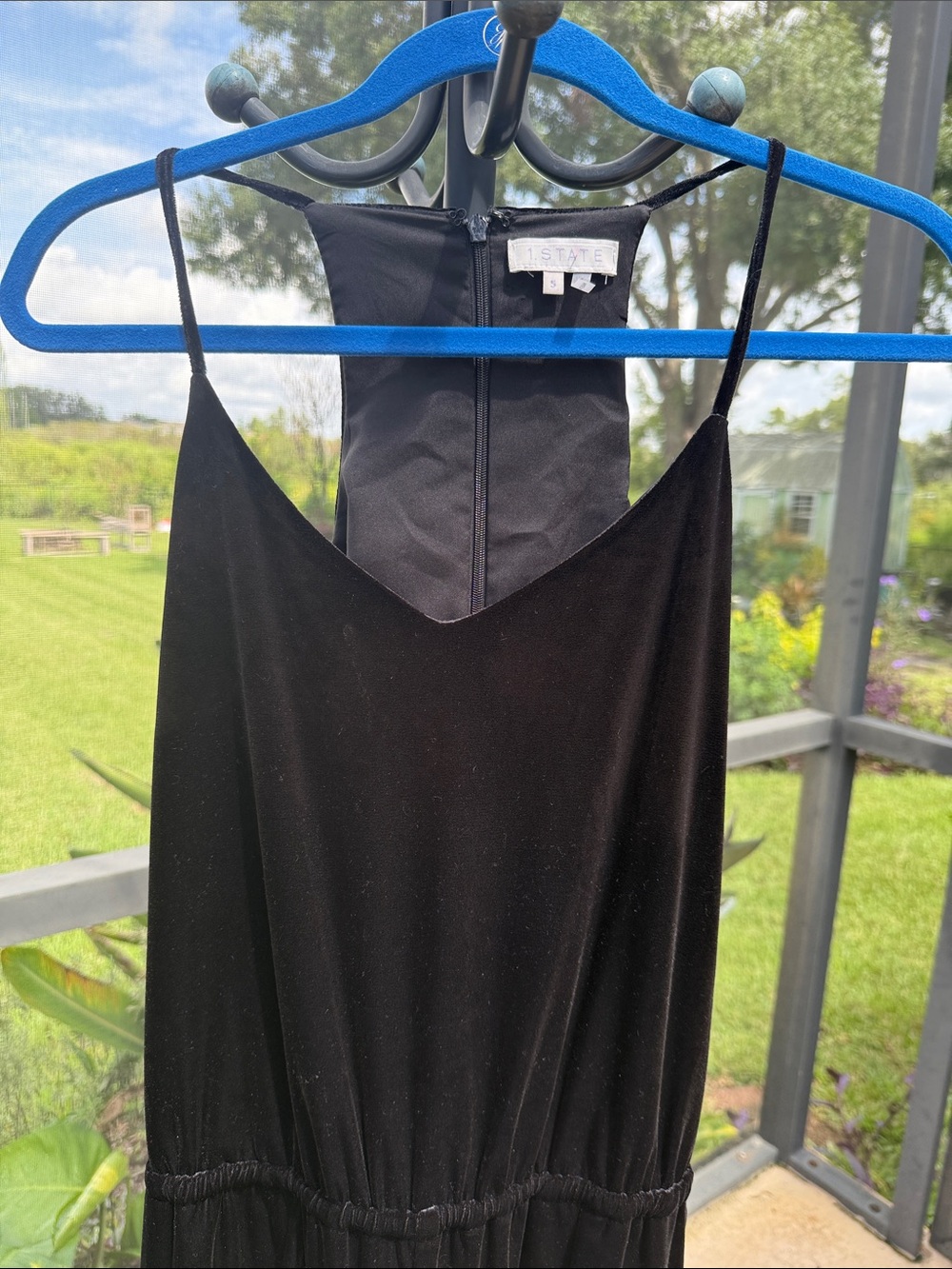 1. State Black velvet Sleeveless V‑Neck Jumpsuit